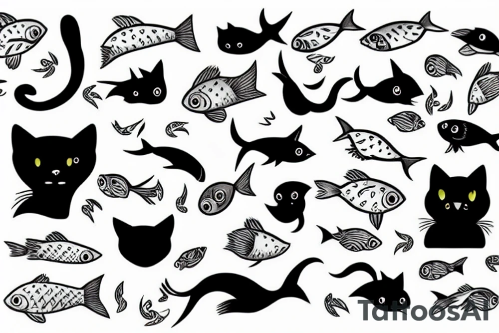 Black cat with fish and tv tattoo idea