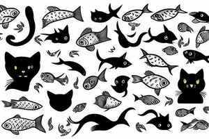 Black cat with fish and tv tattoo idea