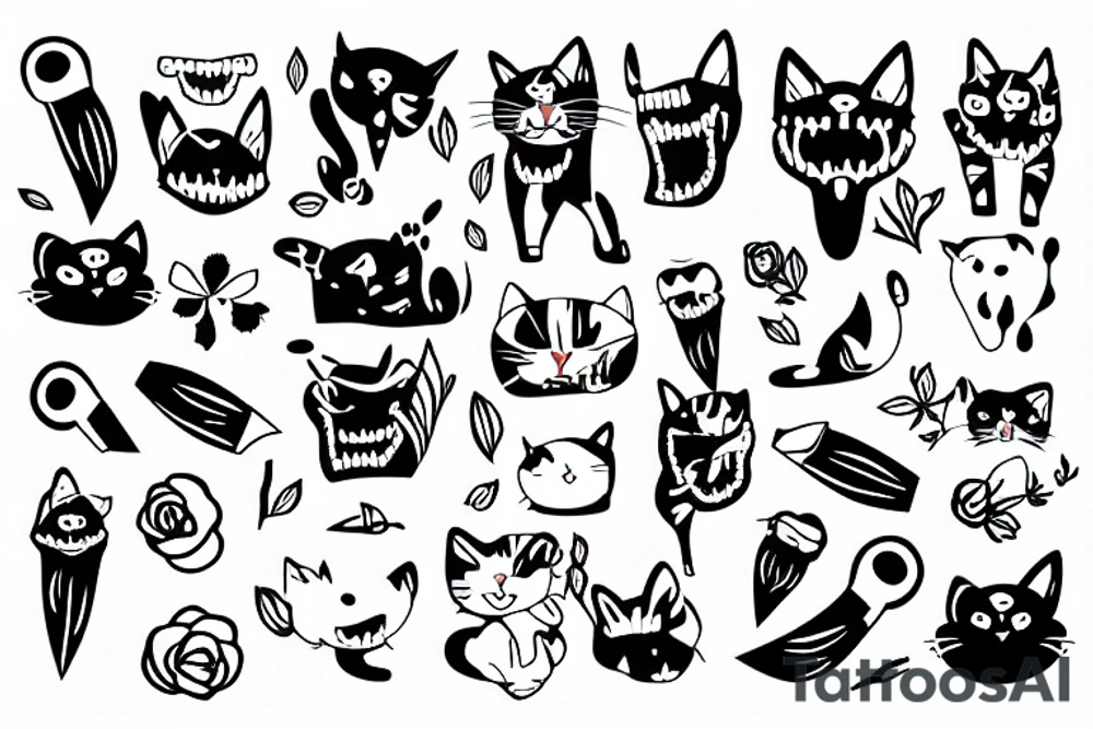 Stripe cat with knife in teeth and flower background tattoo idea Stripe cat with knife in teeth and flower background tattoo idea