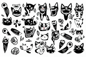 Stripe cat with knife in teeth and flower background tattoo idea