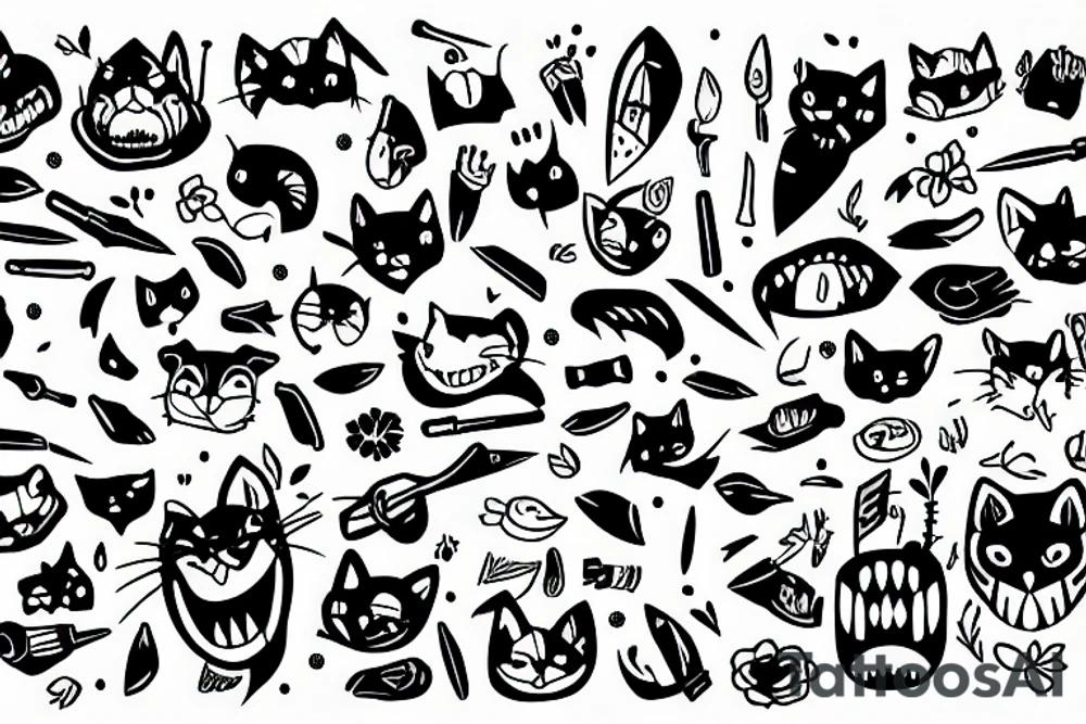 Stripe cat with knife in teeth and flower background tattoo idea Stripe cat with knife in teeth and flower background tattoo idea