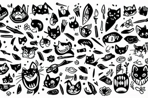 Stripe cat with knife in teeth and flower background tattoo idea