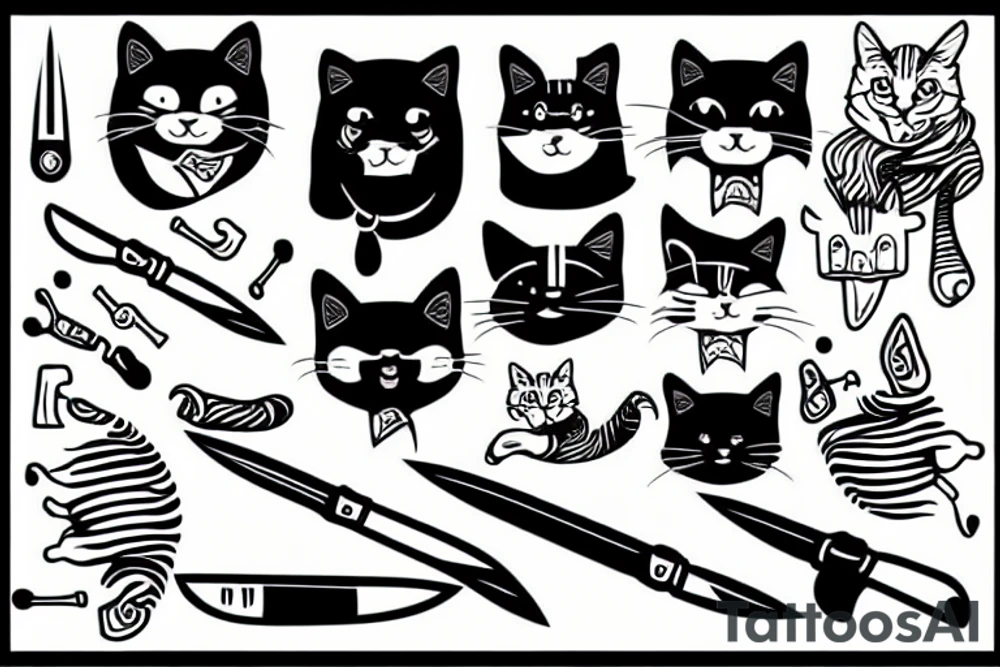 Stripe cat with knife in mouth tattoo idea