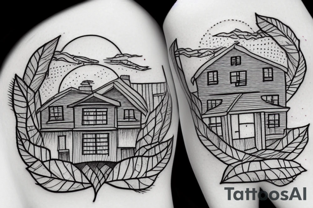 sunset and house with a leaves around them tattoo idea