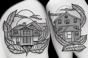 sunset and house with a leaves around them tattoo idea