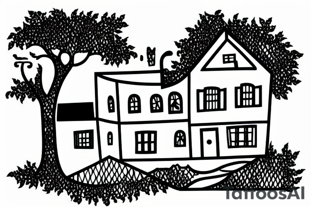 sunset and house with a leaves around them tattoo idea