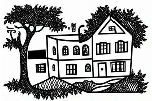 sunset and house with a leaves around them tattoo idea