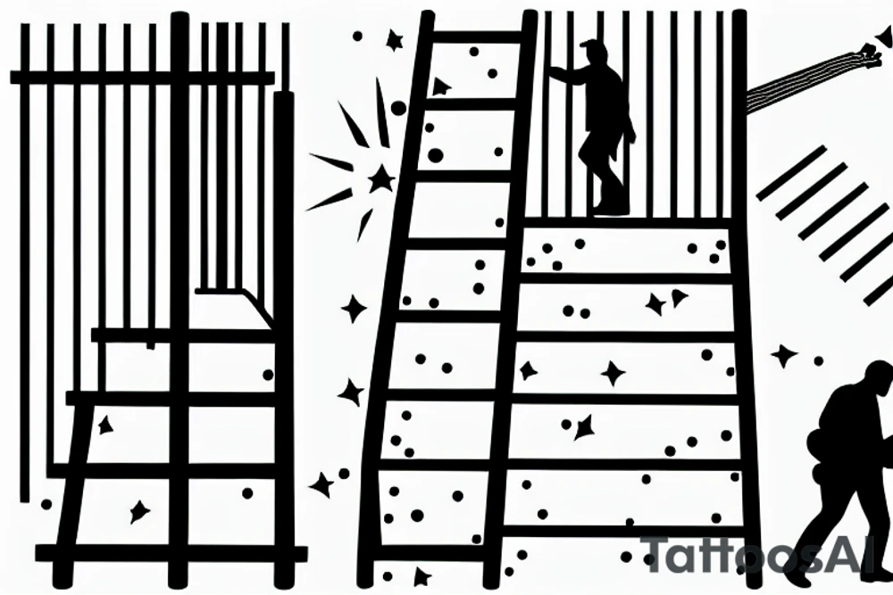 guitar fretboard stairs with a silhouette of  guitarist walking up to the sun tattoo idea