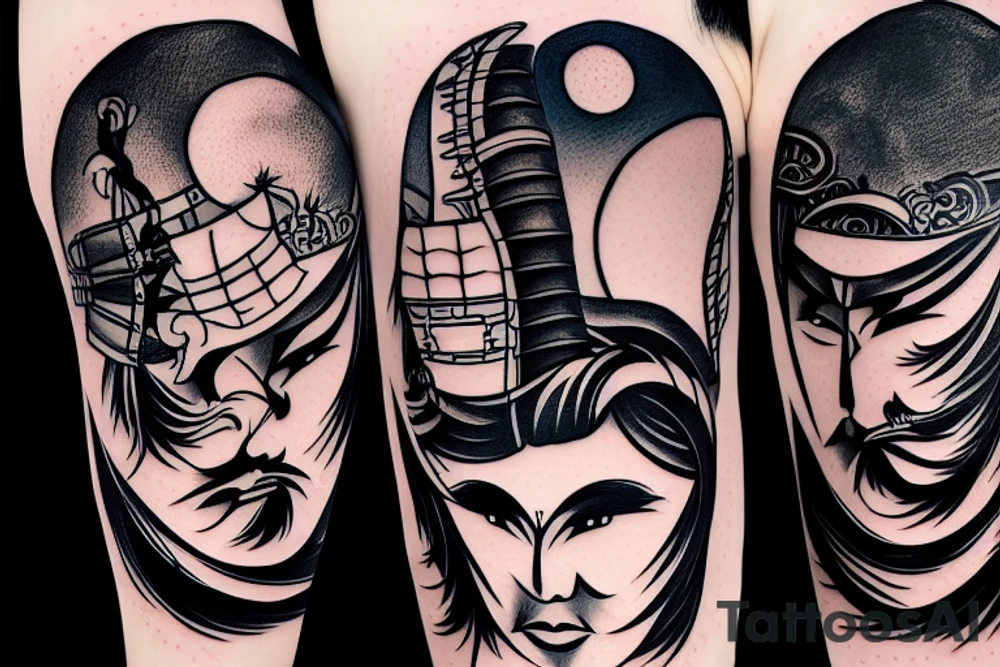 a faceless samurai and the moon in the background tattoo idea