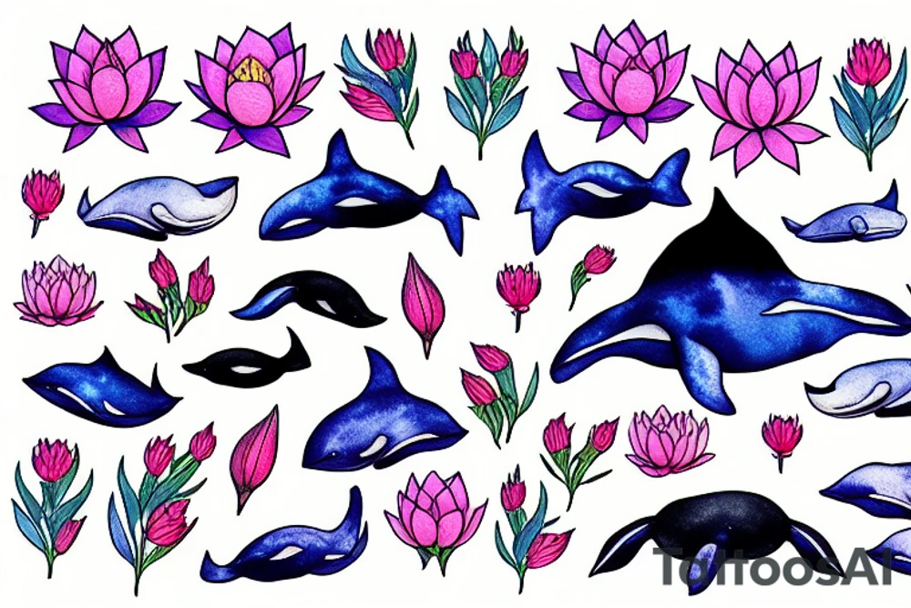 whale lotus cosmos flowers tattoo idea
