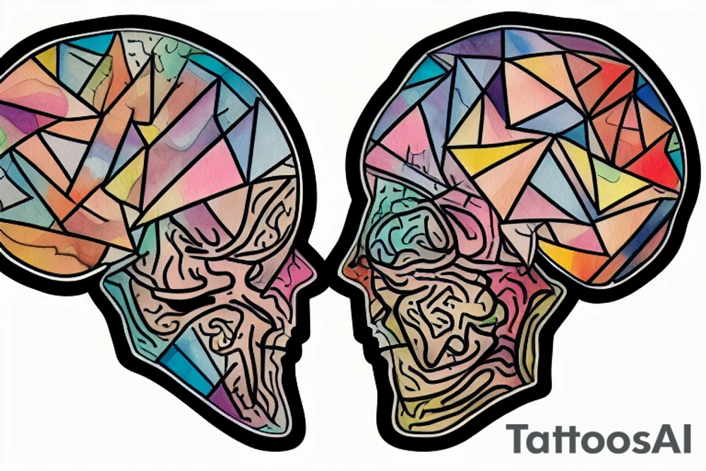 brain sliced in 2 parts, one with geometric shapes and the other filled with watercolor tattoo idea