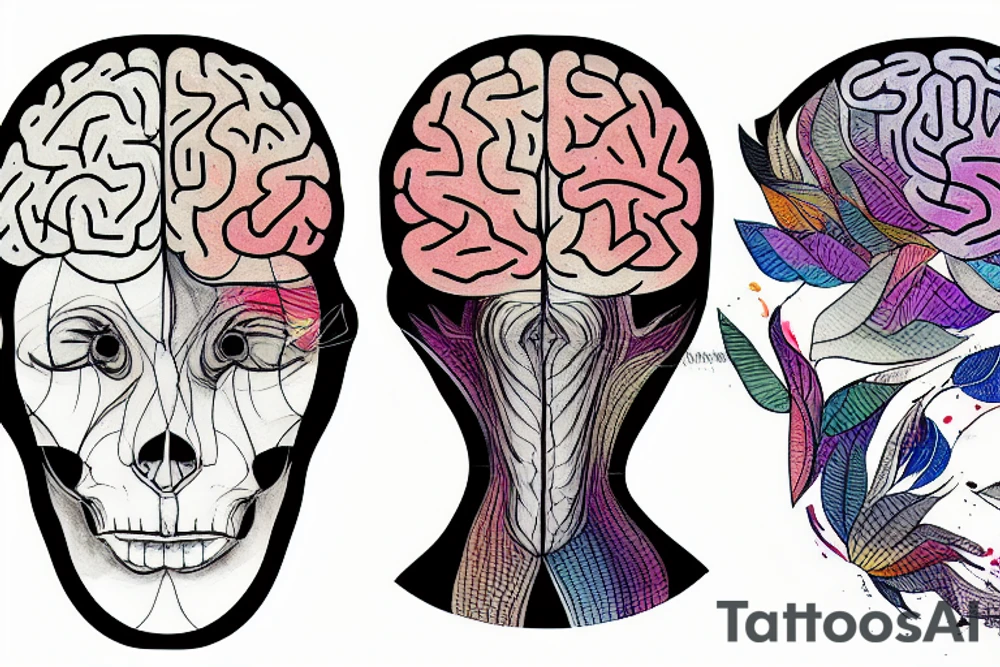 brain sliced in 2 parts, one with geometric shapes and the other filled with watercolor tattoo idea
