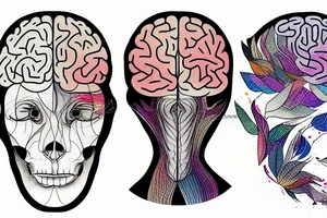 brain sliced in 2 parts, one with geometric shapes and the other filled with watercolor tattoo idea