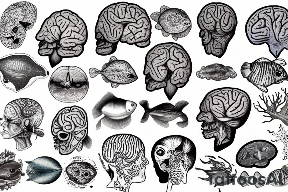 brain sliced in 2 parts filled with marine animals tattoo idea