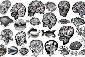 brain sliced in 2 parts filled with marine animals tattoo idea
