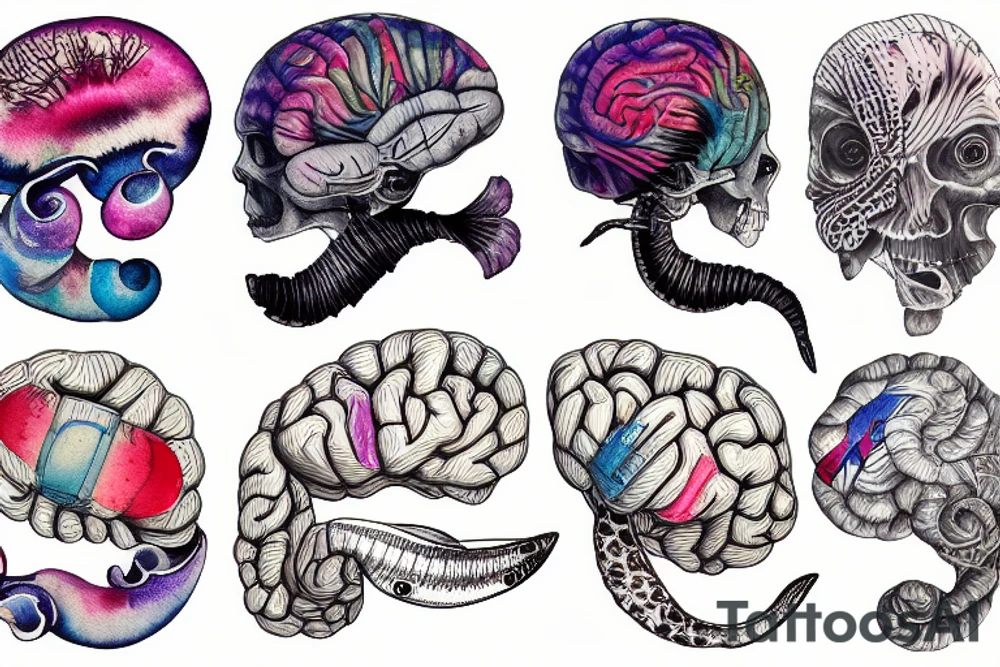 brain sliced in 2 parts filled with marine animals tattoo idea