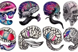 brain sliced in 2 parts filled with marine animals tattoo idea