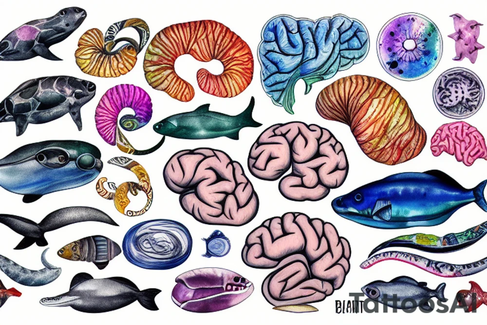 brain sliced in 2 parts filled with marine animals tattoo idea