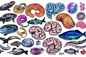 brain sliced in 2 parts filled with marine animals tattoo idea