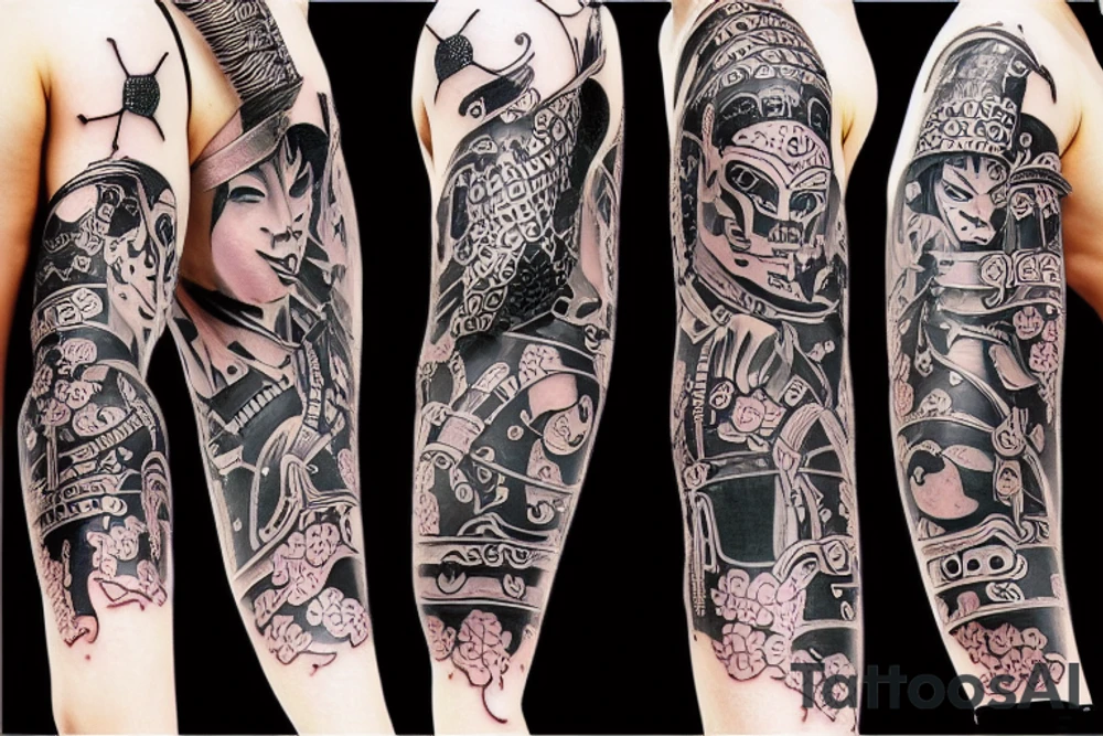 Japan samurai in trash polka style tattoo idea