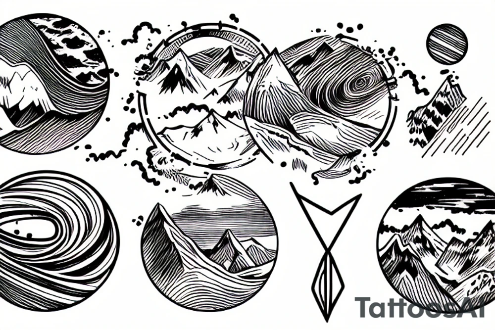 2 circles, mountains, plane, tattoo idea