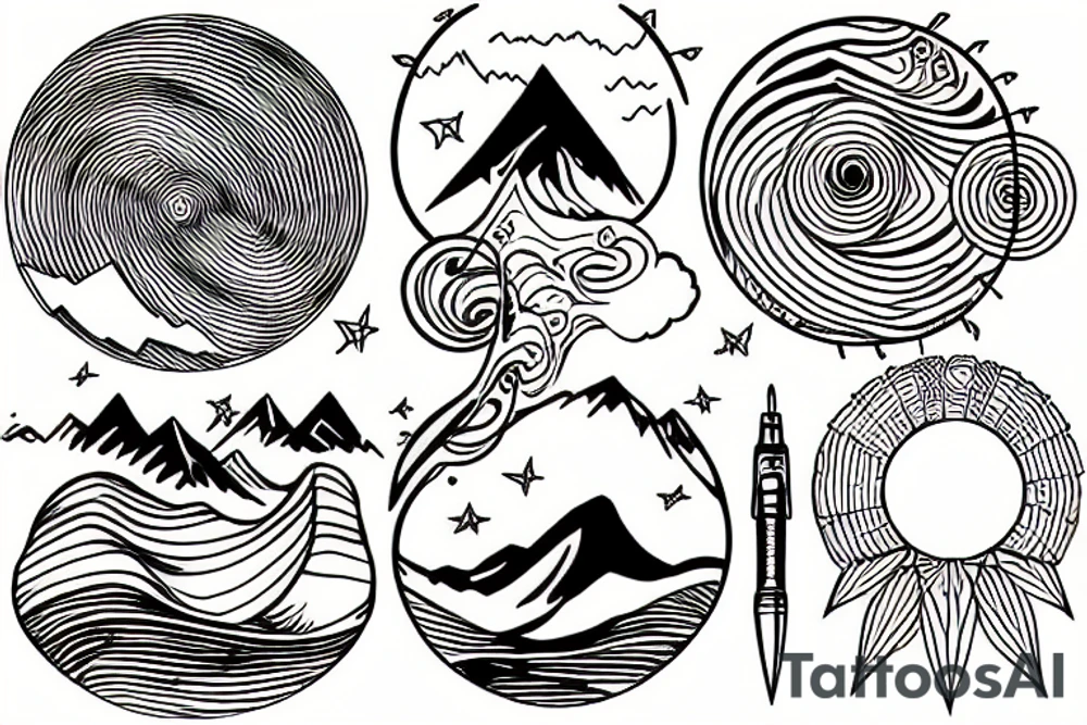 2 circles, mountains, plane, tattoo idea