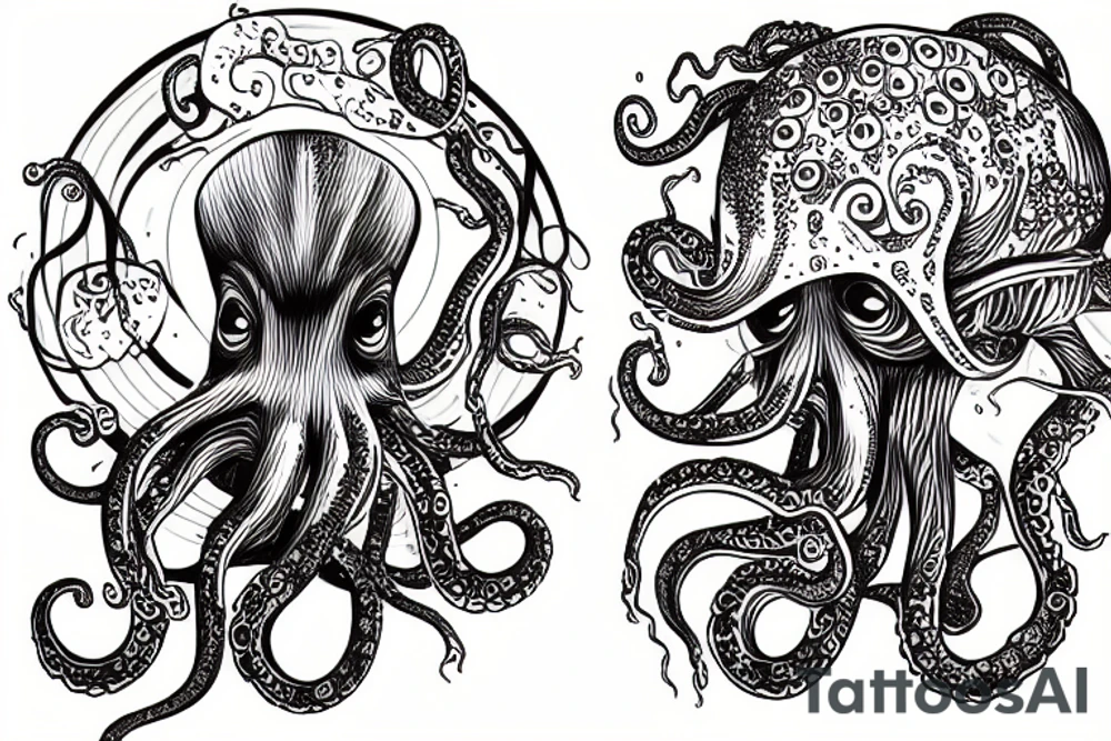 Deep Sea Diver with an giant Octopus in the background tattoo idea
