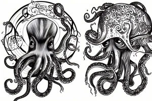 Deep Sea Diver with an giant Octopus in the background tattoo idea