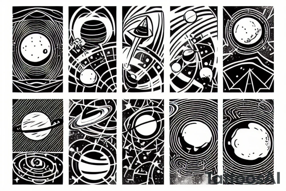 abstract picture of the solar system with elements of cyberpunk, on hand tattoo idea