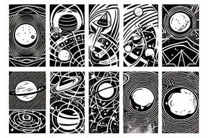 abstract picture of the solar system with elements of cyberpunk, on hand tattoo idea