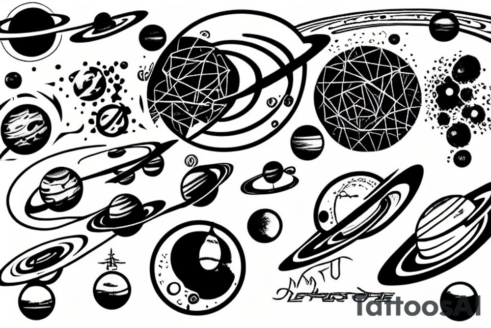 abstract picture of the solar system with elements of cyberpunk, on hand tattoo idea