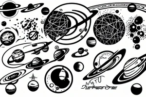 abstract picture of the solar system with elements of cyberpunk, on hand tattoo idea