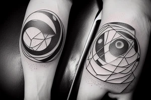 abstract picture of the solar system with cyberpunk elements, on hand, lines and simple geometry tattoo idea