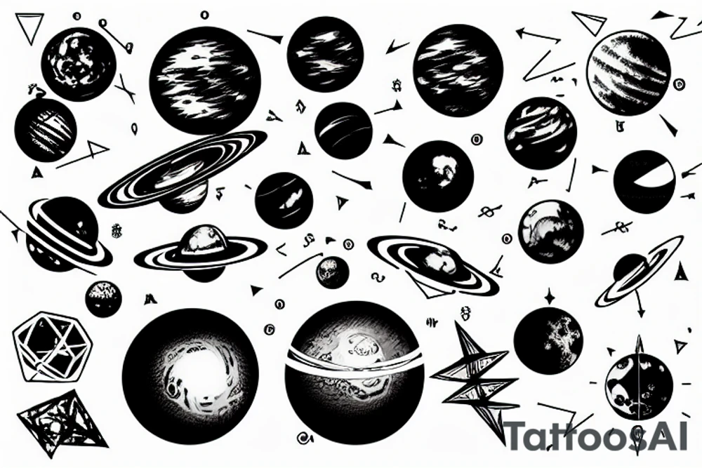 solar system with cyberpunk elements, on hand, lines and simple geometry tattoo idea