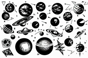 solar system with cyberpunk elements, on hand, lines and simple geometry tattoo idea
