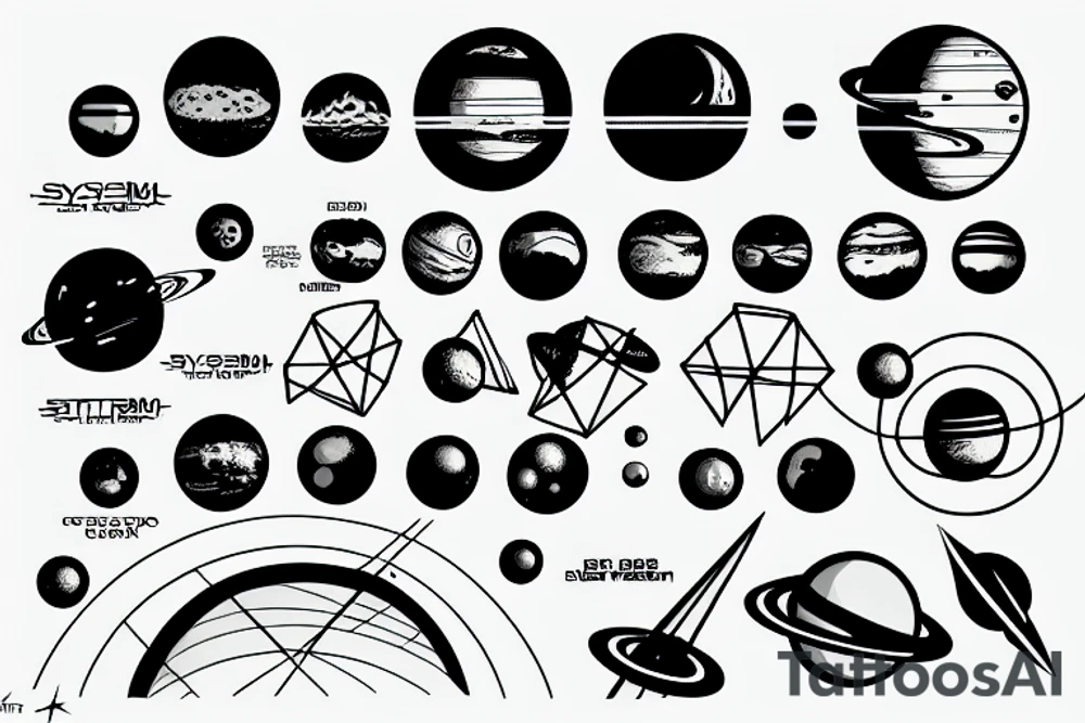 solar system with cyberpunk elements, on hand, lines and simple geometry tattoo idea