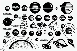 solar system with cyberpunk elements, on hand, lines and simple geometry tattoo idea