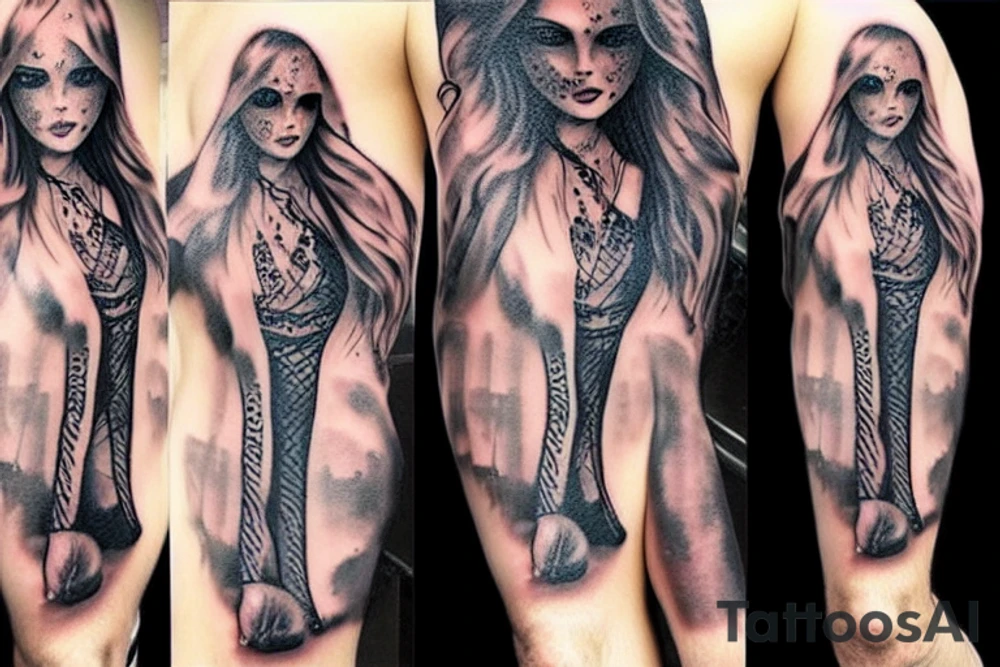 beautiful female pirate, see thru clothes tattoo idea