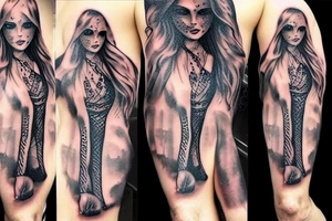 beautiful female pirate, see thru clothes tattoo idea
