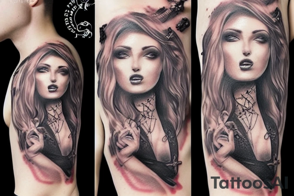 beautiful female pirate, see thru clothes tattoo idea