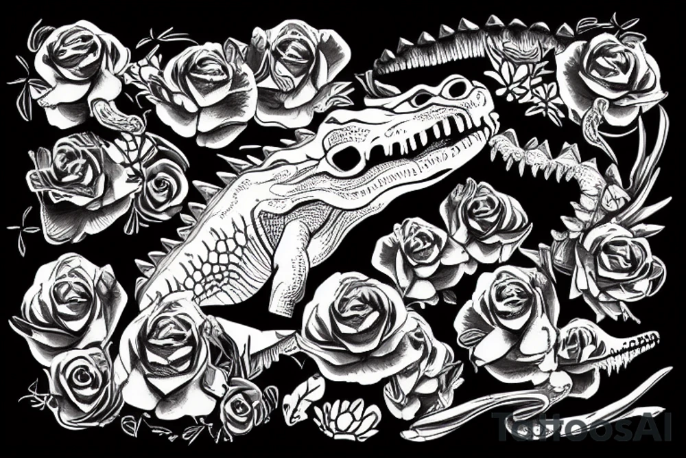 crocodile skull with flowers tattoo idea