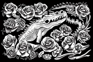 crocodile skull with flowers tattoo idea