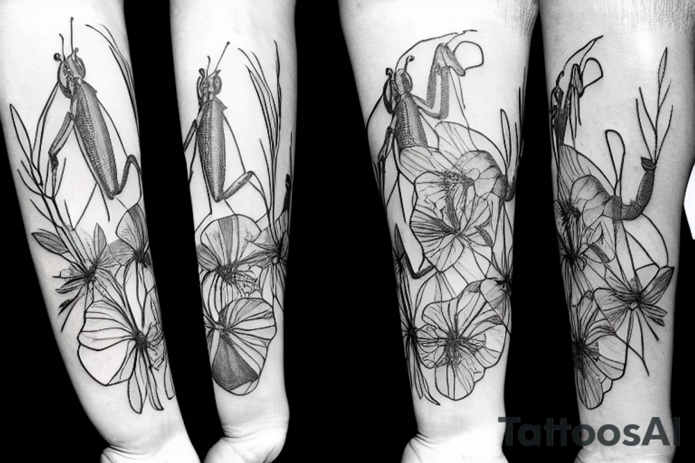 praying mantis flowers tattoo idea