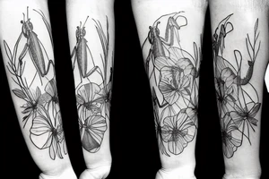 praying mantis flowers tattoo idea
