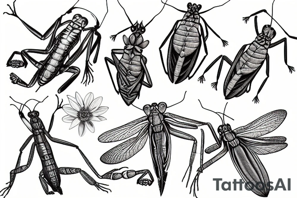 praying mantis flowers tattoo idea