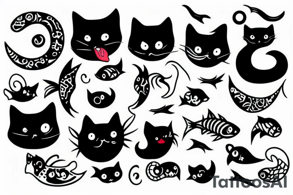 black cat with tattoos and a fish in their mouth tattoo idea