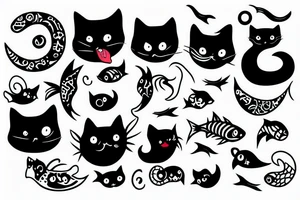 black cat with tattoos and a fish in their mouth tattoo idea