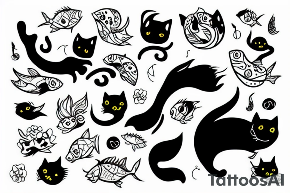 black cat with tattoos and a fish in their mouth tattoo idea