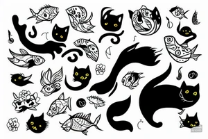 black cat with tattoos and a fish in their mouth tattoo idea