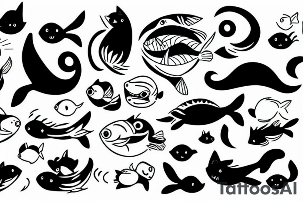 black cat with a fish in their mouth tattoo idea